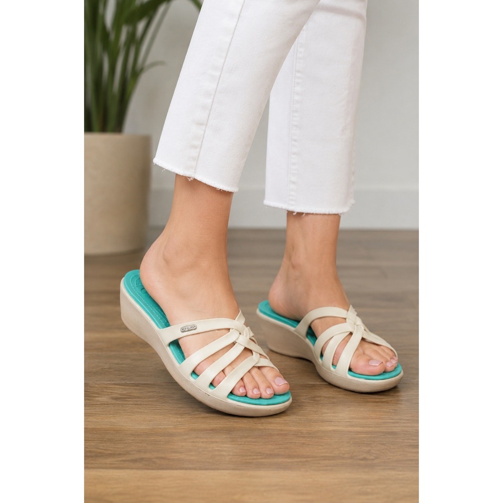 Crocs Women's Sanrah White Teal Strappy Wedge Sandals Size 8